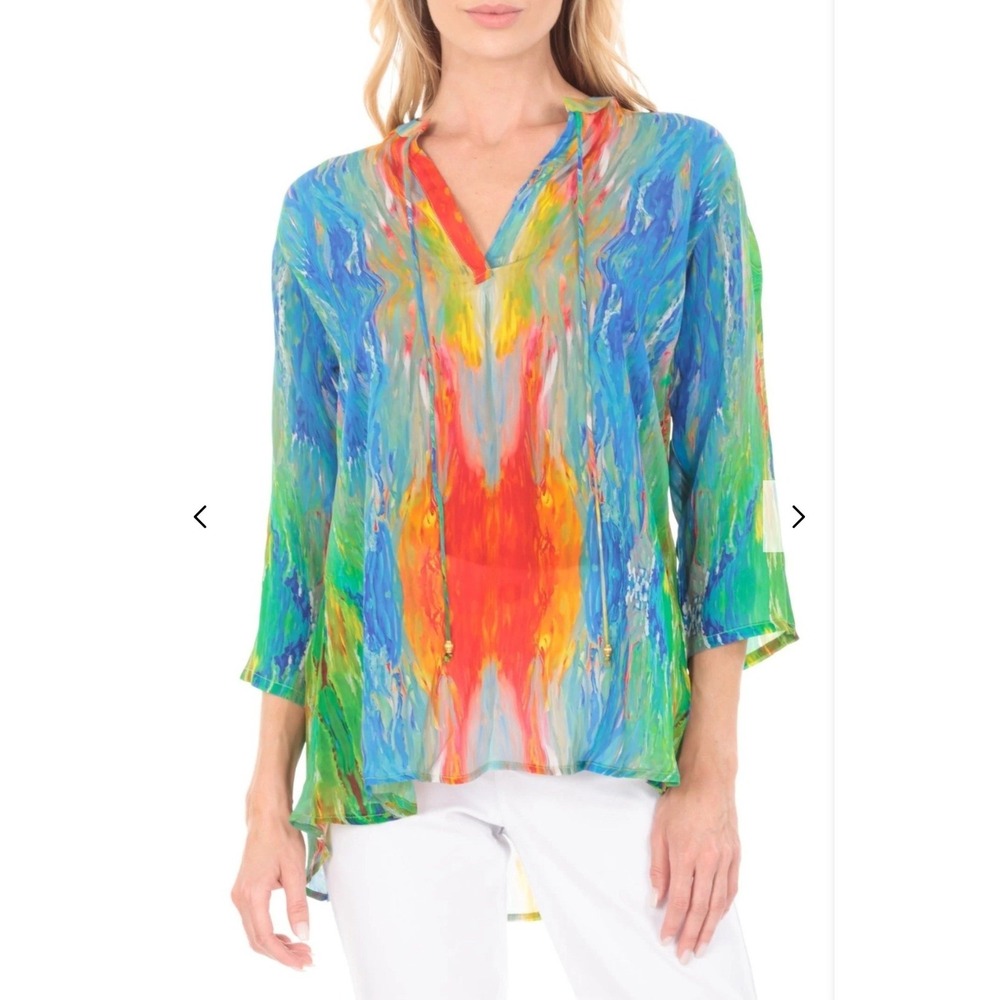 APNY Tunic Blouse Womens Medium Multi-Color Excellent Abstract V-Neck Tassel